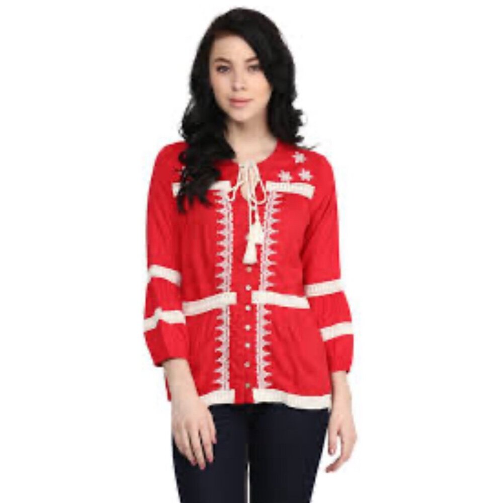 Akkriti Women’s Red Crochet Bell Sleeve Blouse Sz L Boho Peasant Festival Casual